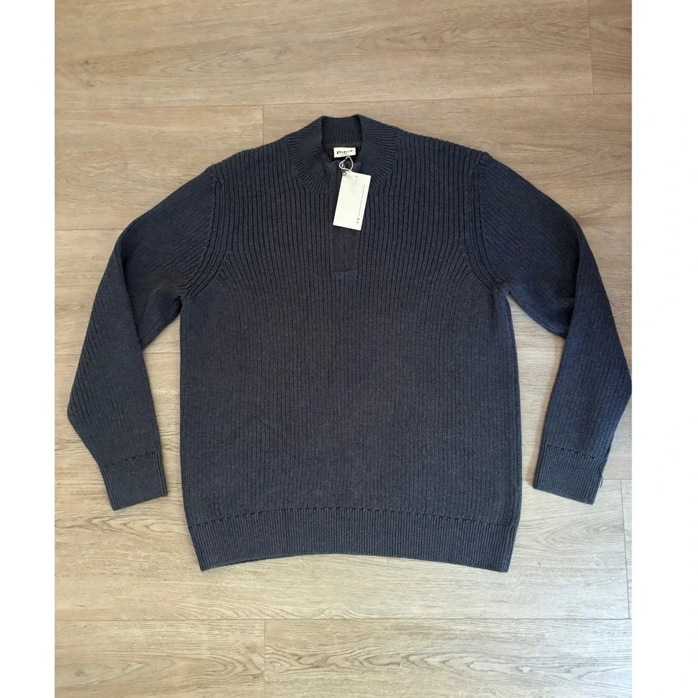 Pact Mens Organic Cotton Quarter Zip Ribbed Sweater Charcoal Grey Medium NWT